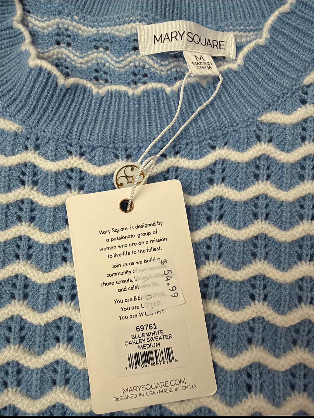 Mary Square Blue & White Wavy Stripe Ruffle Sleeve Knit Top - Picture 3 of 10